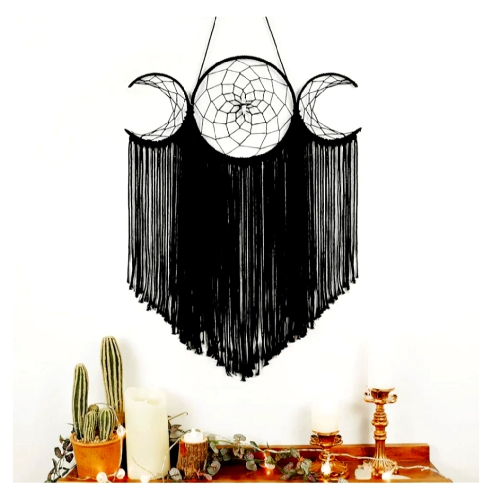 Black Triple Moon Goddess Macrame Wall Hanging - NEVER USED
